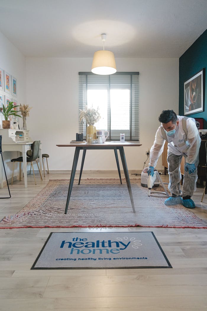 A masked worker disinfects a stylish home interior, focusing on cleanliness and health.